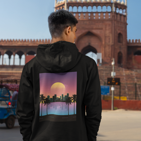 Miami 80s Hoodie Ocean Drive Retro Sunset Rückenprint schwarz