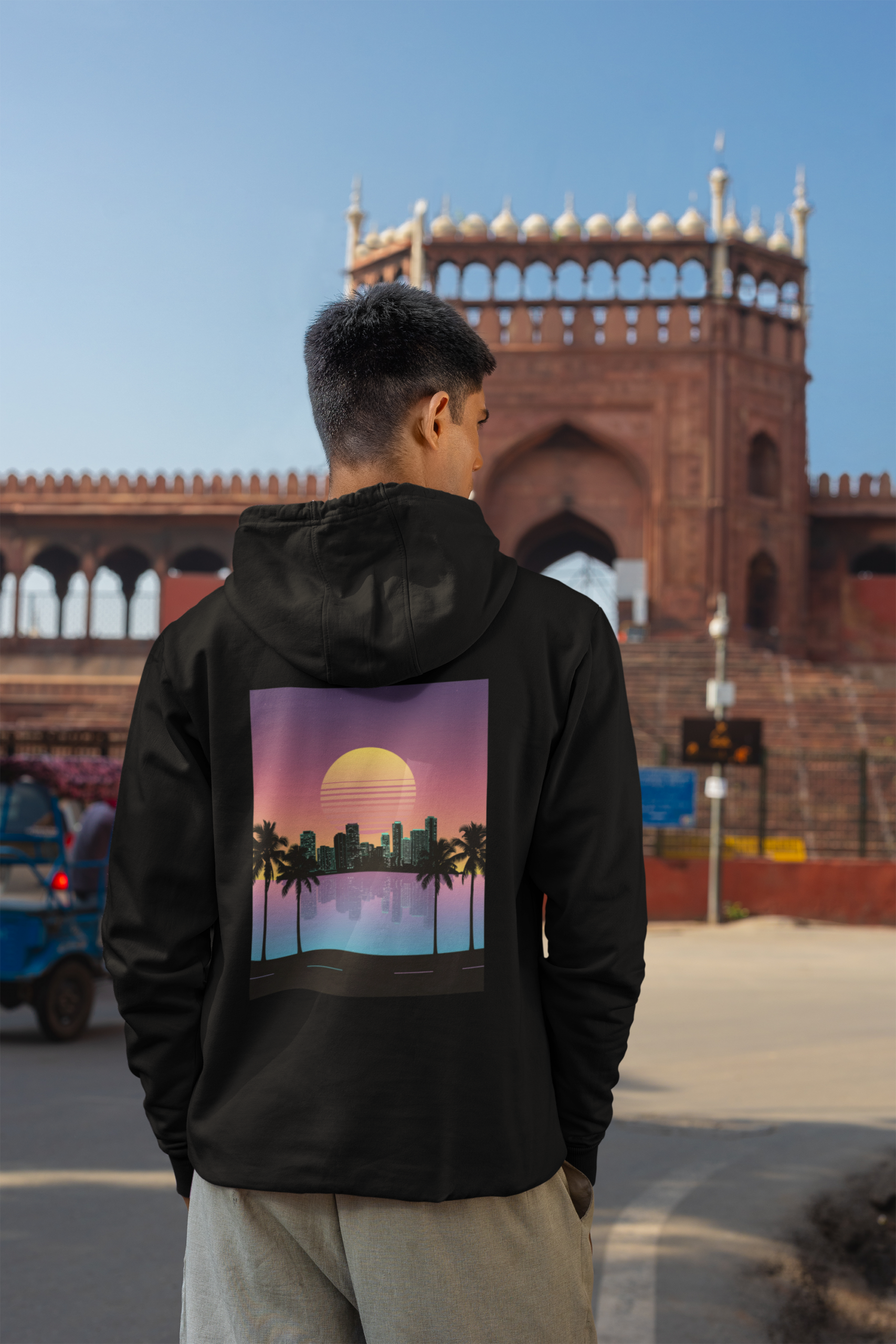 Miami 80s Hoodie Ocean Drive Retro Sunset Rückenprint schwarz