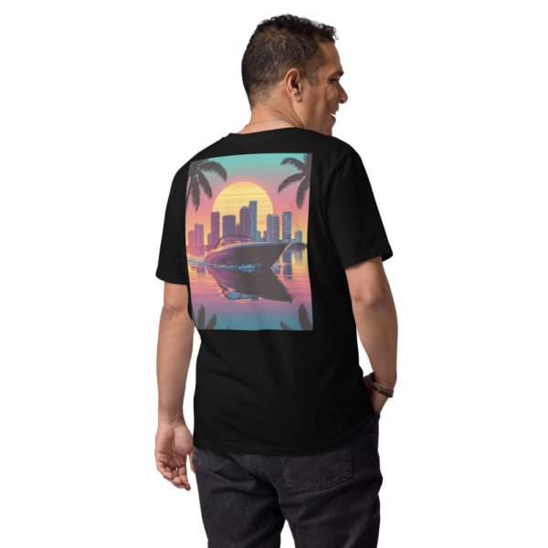 Retro Miami Shirt Biscayne 80s Skyline Boot Rückenprint schwarz