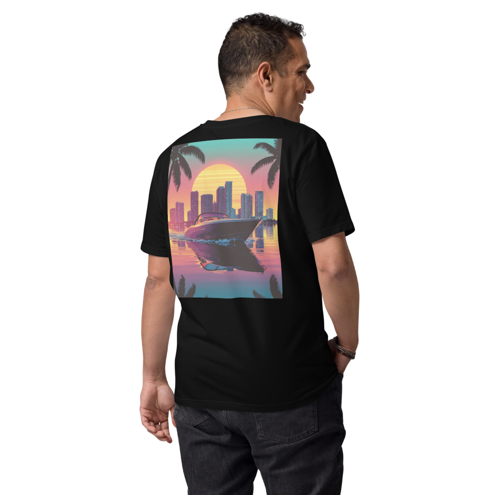 Retro Miami Shirt Biscayne 80s Skyline Boot Rückenprint schwarz