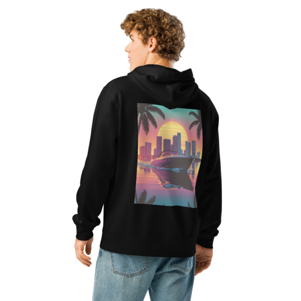 Retro Miami Hoodie Biscayne 80s Skyline Rückenprint schwarz