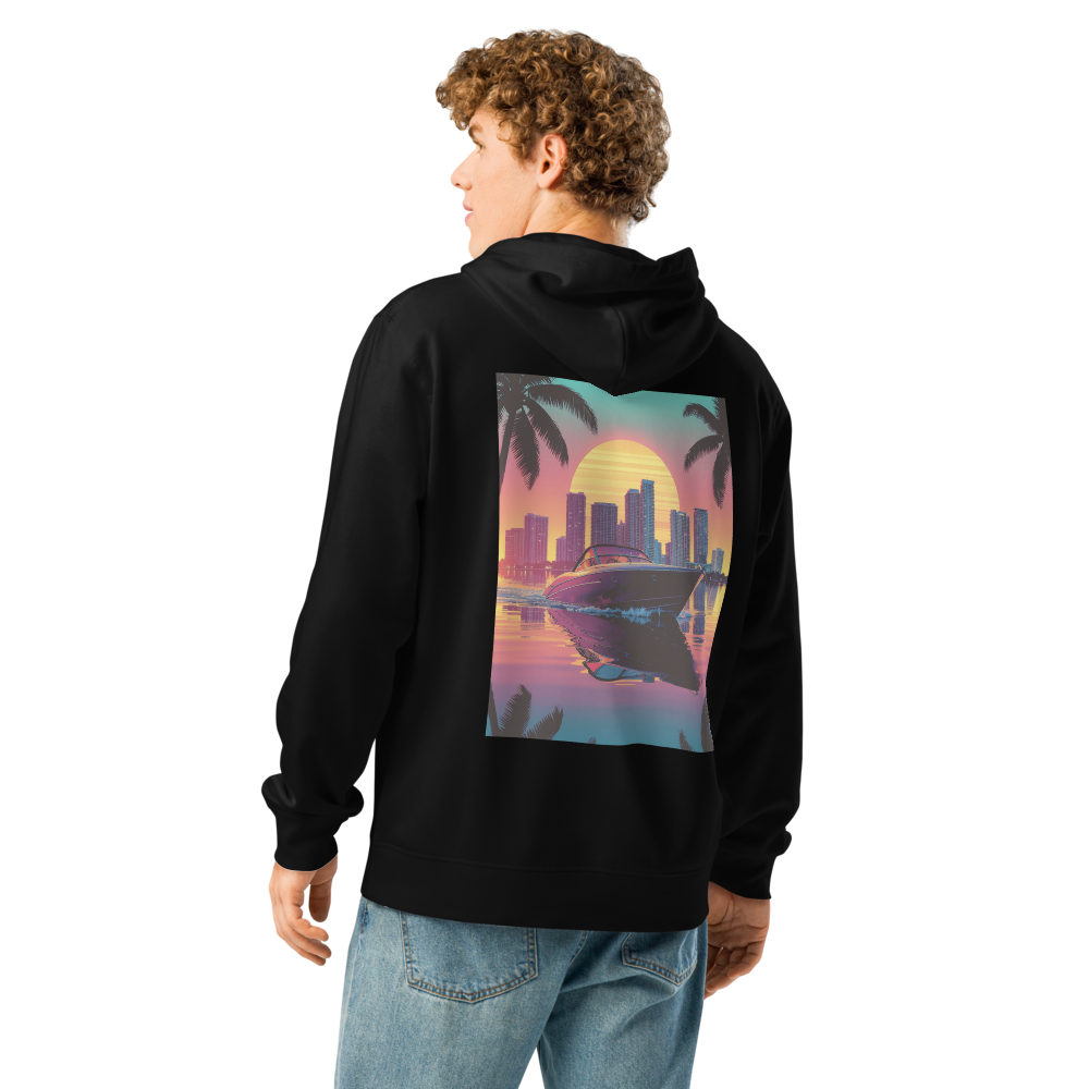Retro Miami Hoodie Biscayne 80s Skyline Rückenprint schwarz